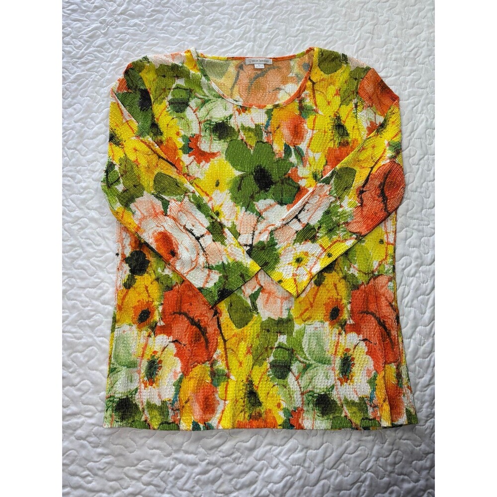 Erin London Bright Green Orange Stretchy Floral Print Blouse size large